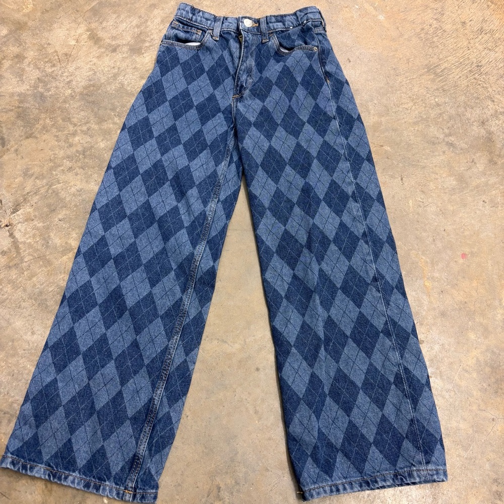 H&M Wide Leg High Waisted Geometric Two Tone Argyle Denim Blue Jeans Girls 8